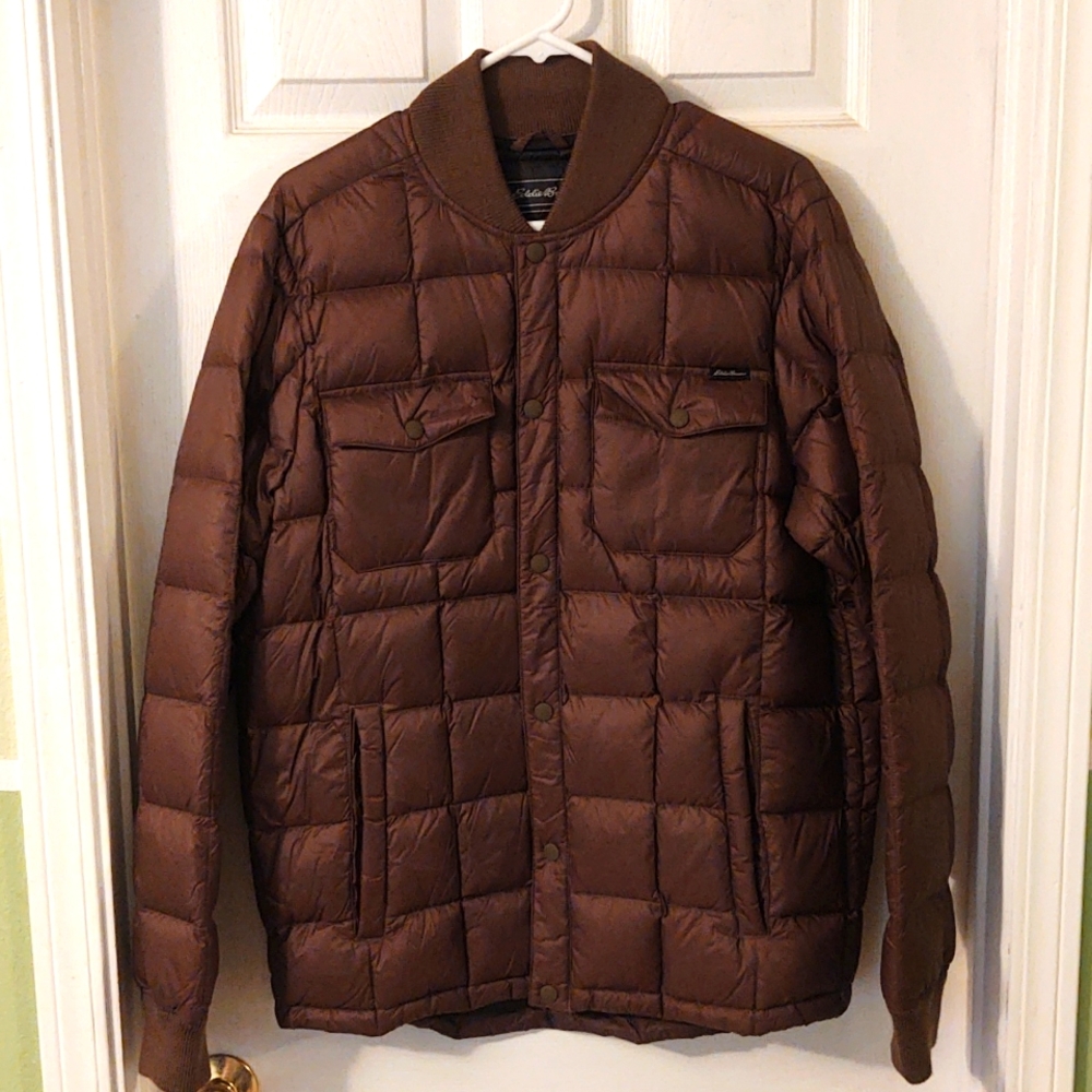 Men's Eddie Bauer brown, snap-front down jacket, size medium.